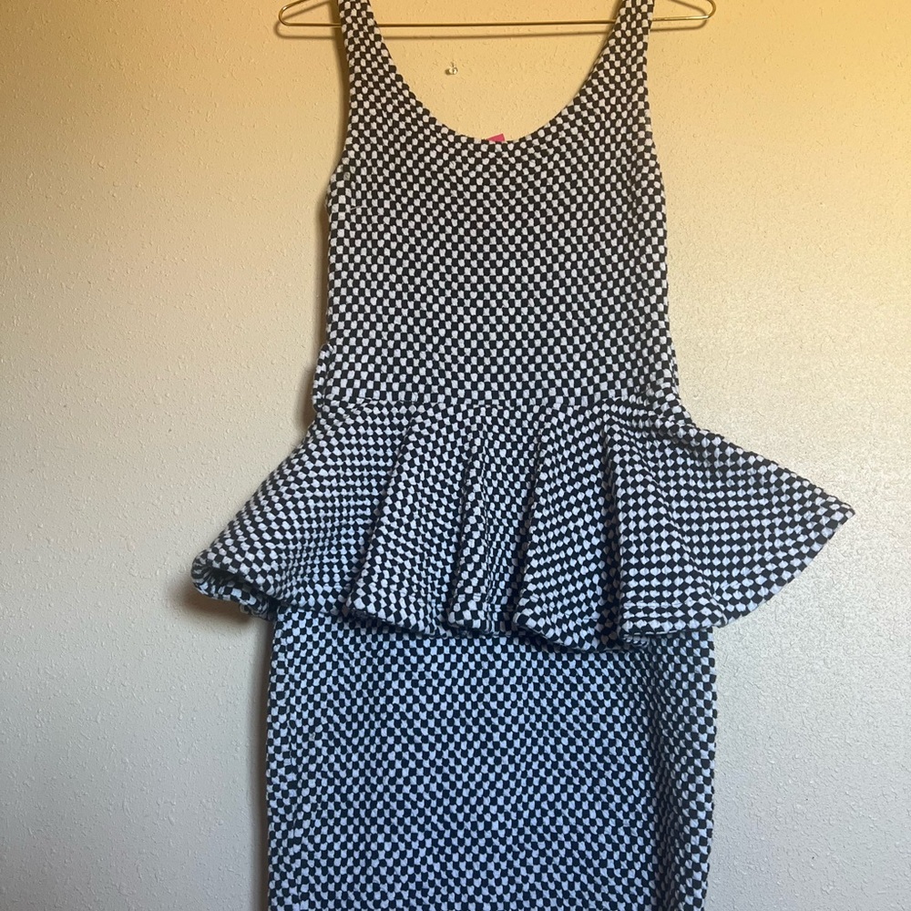 Betsey Johnson  Vintage peplum checkered black white knit dress